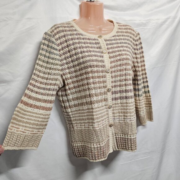 St. John Sport Button Up 3/4 Sleeve Heathered Women Size L Striped - Picture 5 of 16